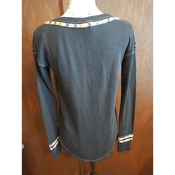 We The Free People Black Embroidered Waffle Thermal Henley Top Small Boho Aztec - Picture 5 of 7